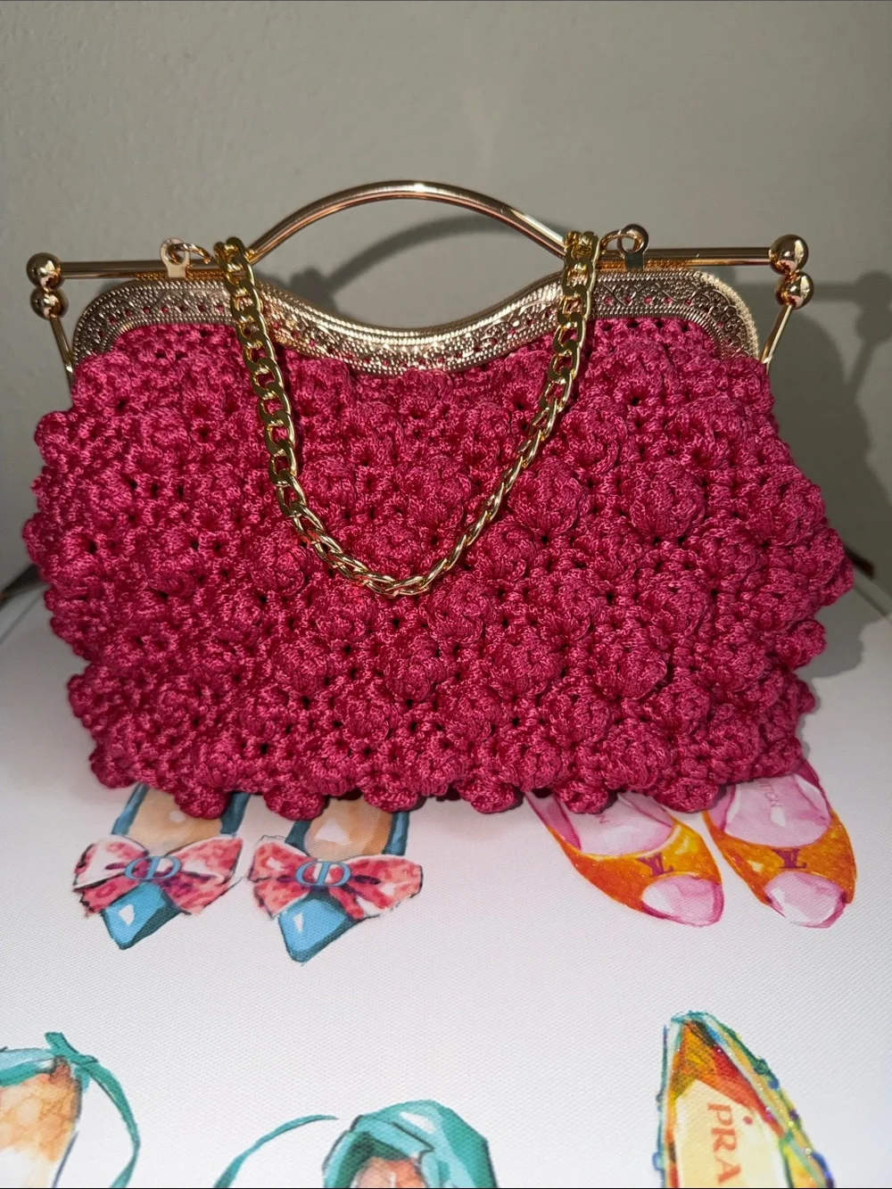 Pink Crochet Evening Clutch with Gold Chain Handle